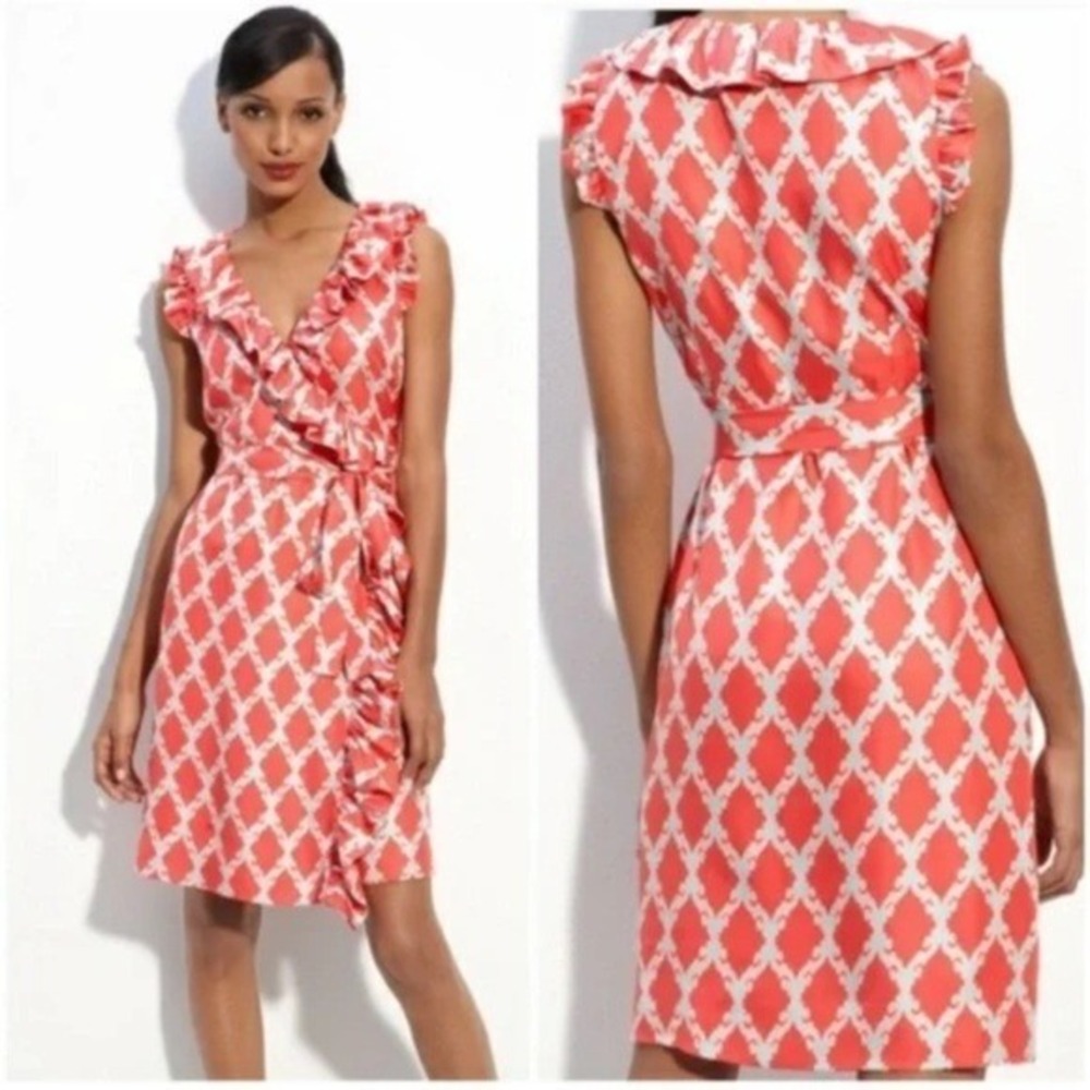Kate Spade Ruffle 100% Silk Wrap Dress 2 Coral White NJMU1034‎